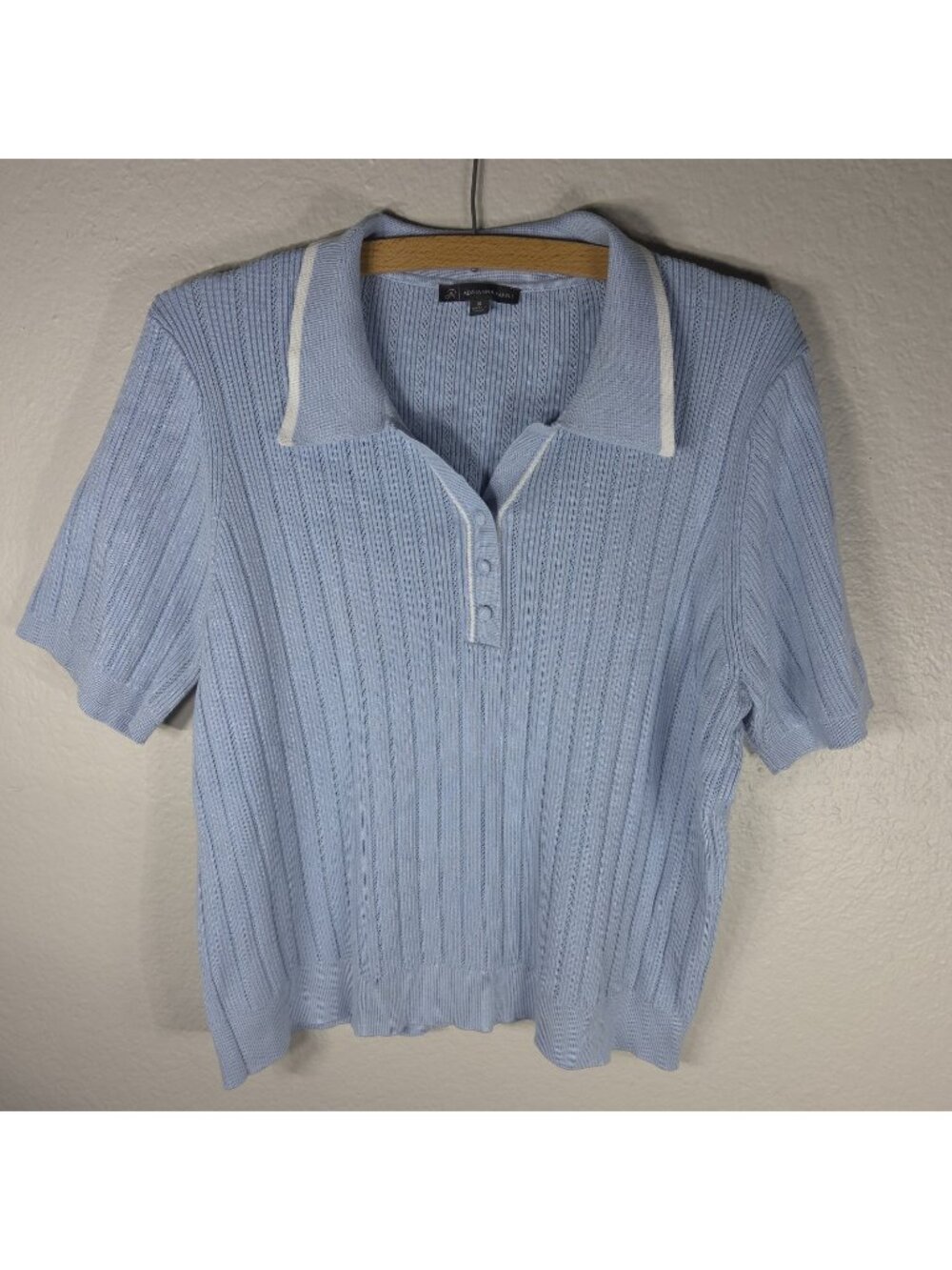 Adrianna Papell Ribbed Polo Top Button Up Light Blue Size XL Short Sleeves